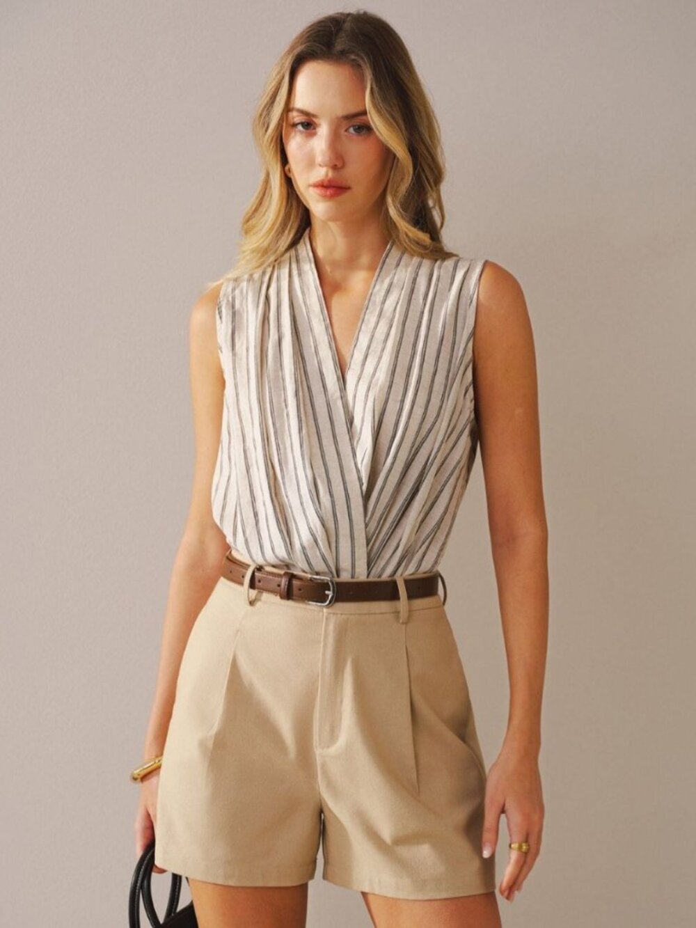 Commense Cotton linen striped sleeveless wrap bodysuit